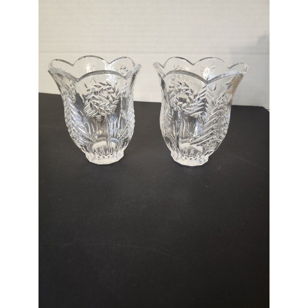 Lot Of 2 Beautiful Crystal Candle Holder W/ Christmas Trees And Wreath 4" Tall